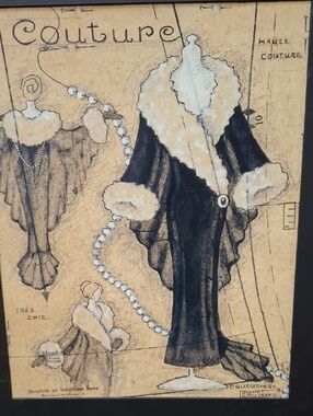Vintage Couture Fashion Illustration with Fur-Trimmed Black Gown